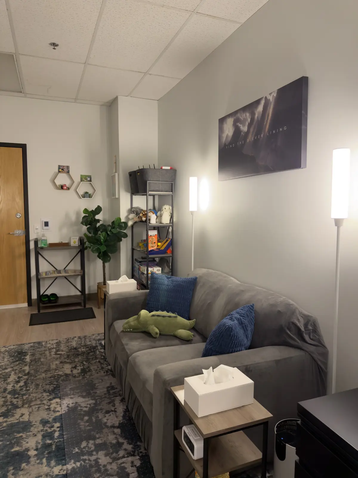 Comfortable sofa and soft lighting in the therapy office